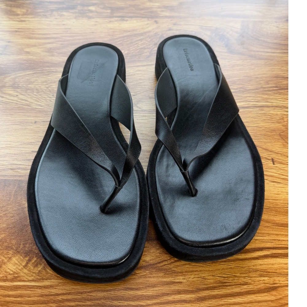 Reformation Black Eden Leather Platform Thong Sandals Made in Brazil Women 8